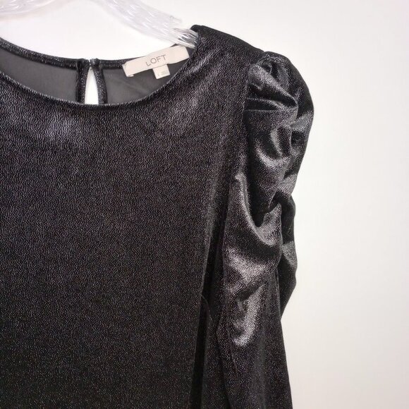 Loft Black Shimmer Ruched Sleeve Shift Dress - Picture 4 of 12